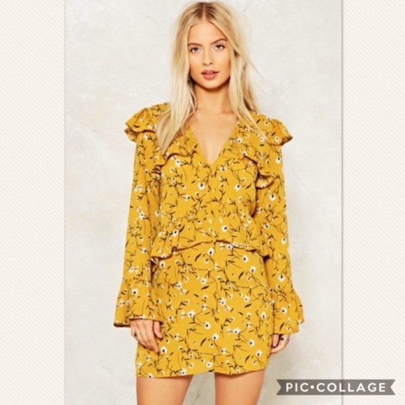 Nasty Gal Dresses & Skirts - Nasty Gal • Floral Ruffle Swing Dress Mustard